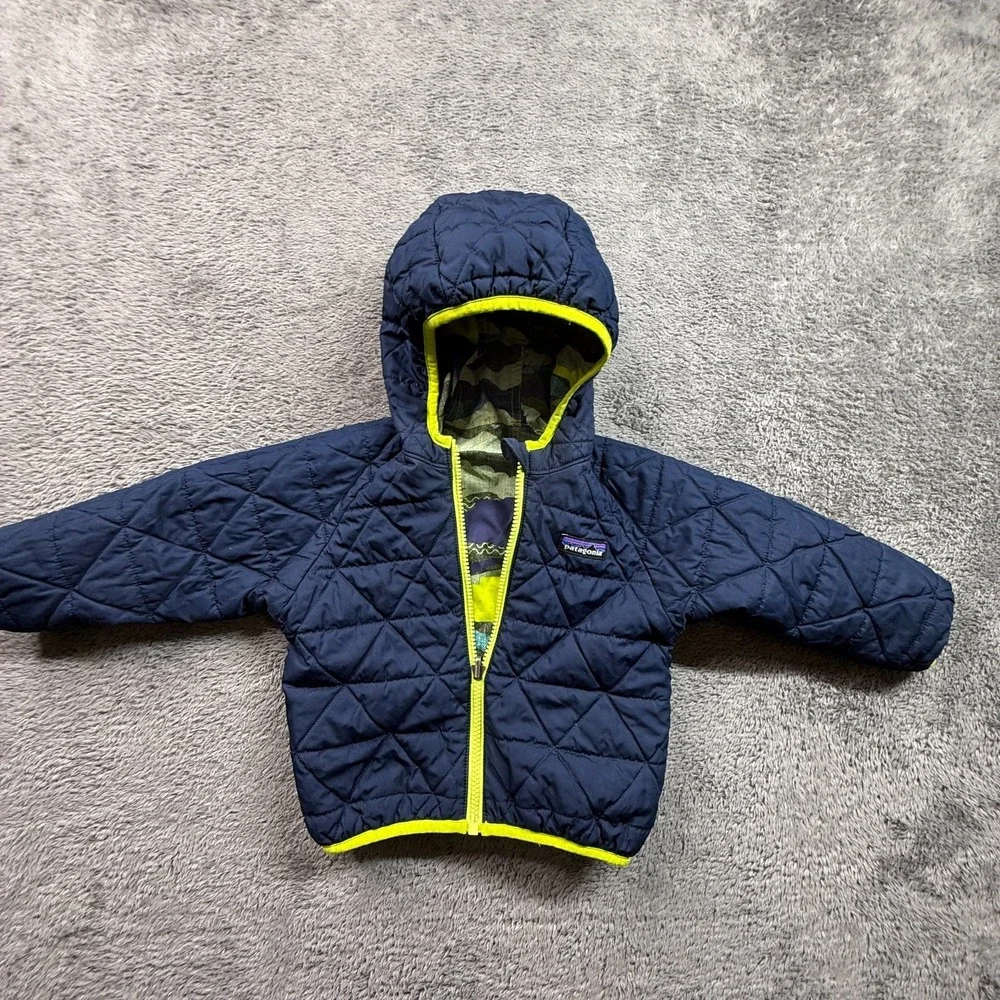 Patagonia Reversible Puff Ball Jacket 2T Navy Camo Yellow Quilted Hooded Zip - Picture 2 of 8